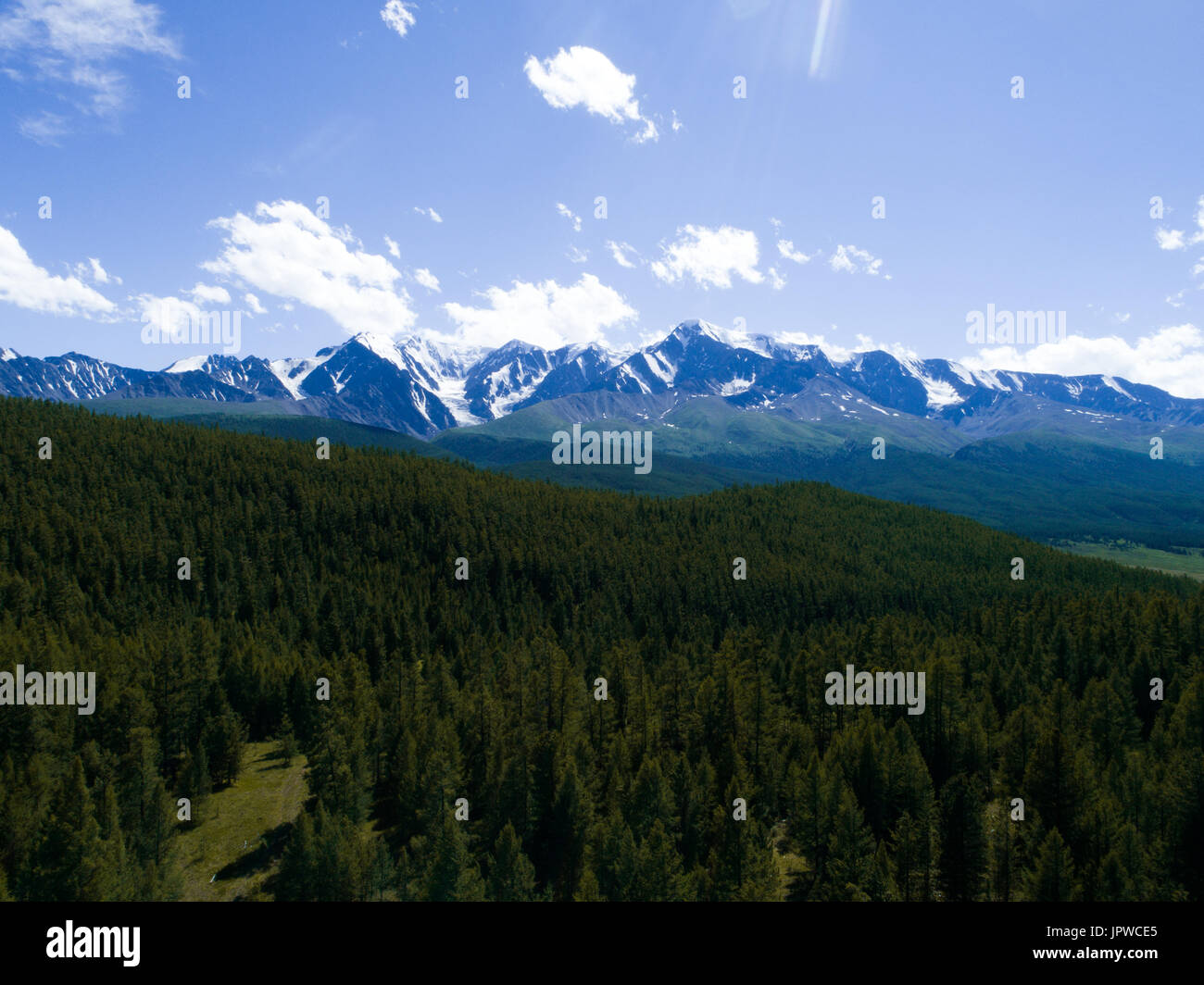Mountain green forest river top view panoramic landscape aerial. Stock Photo