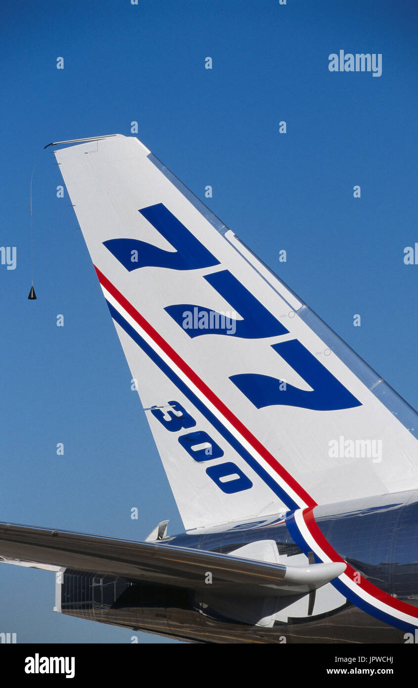 tail-fin of prototype Boeing 777-300 Stock Photo