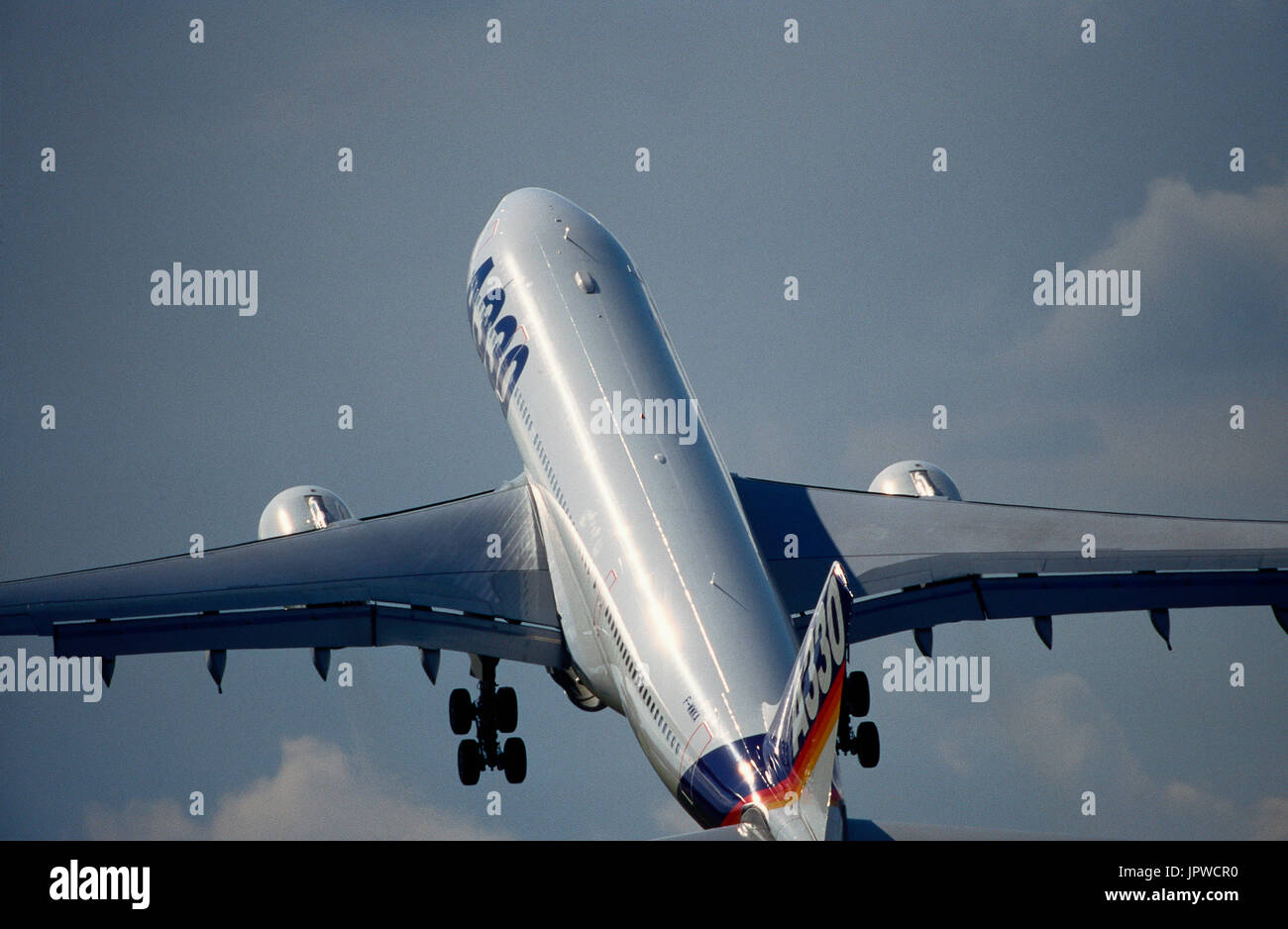 Airbus A330-200 prototype climbing out after take-off in the flying-display at the 1998 Farnborough Airshow Stock Photo