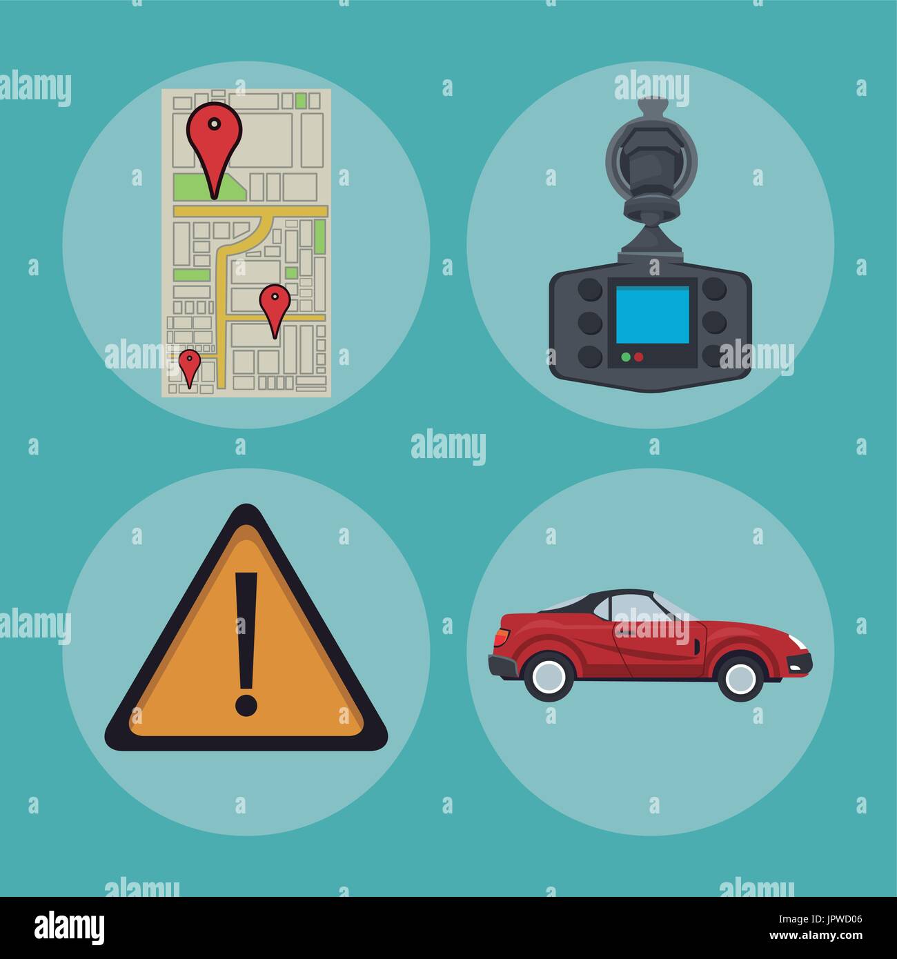 color background of circular frame set with elements car location gps