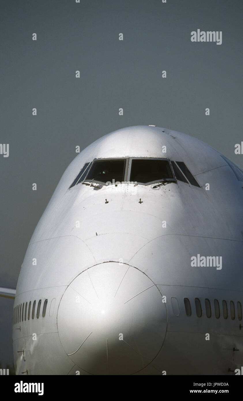 nose and windshield of a Boeing 747-400 Stock Photo