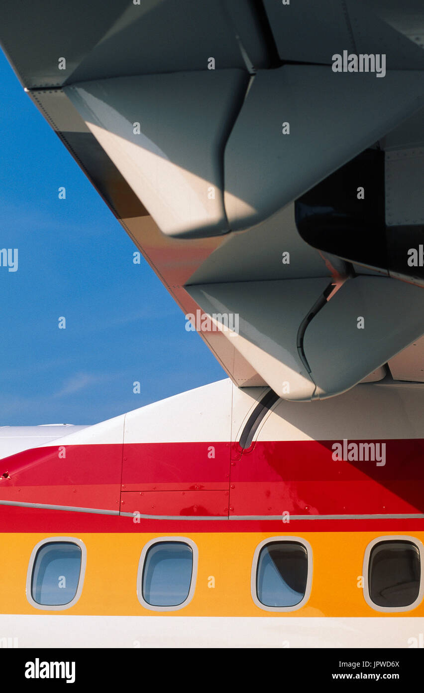 windows, wing-flap boat-fairings and hinges on Iberia Regional Air Nostrum ATR 72-500 parked in the static-display at the 1999 Paris-Airshow Stock Photo