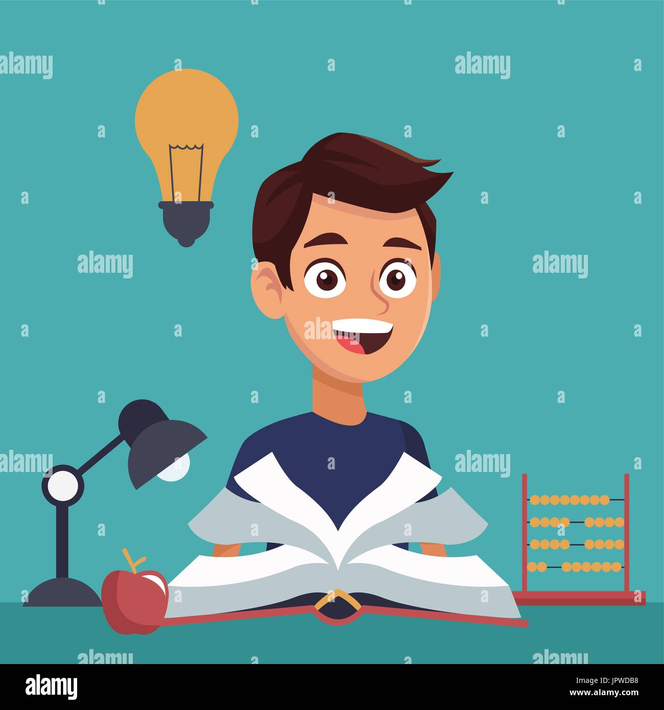 color background with boy student with book in learning with elements school  Stock Vector Image & Art - Alamy