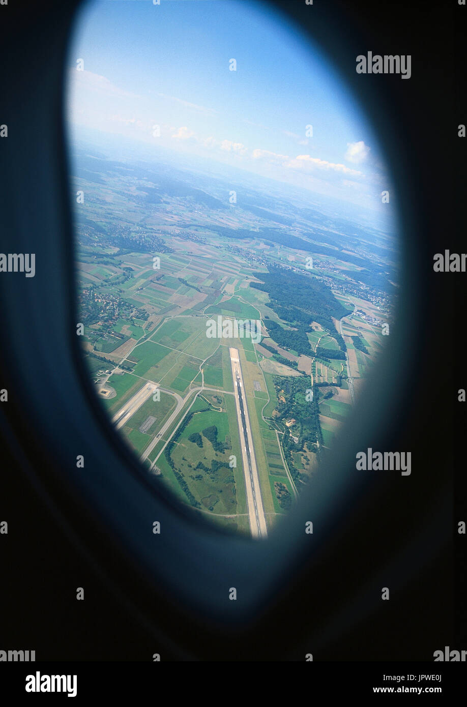 passengers-eye-view from airliner window of airport runways Stock Photo