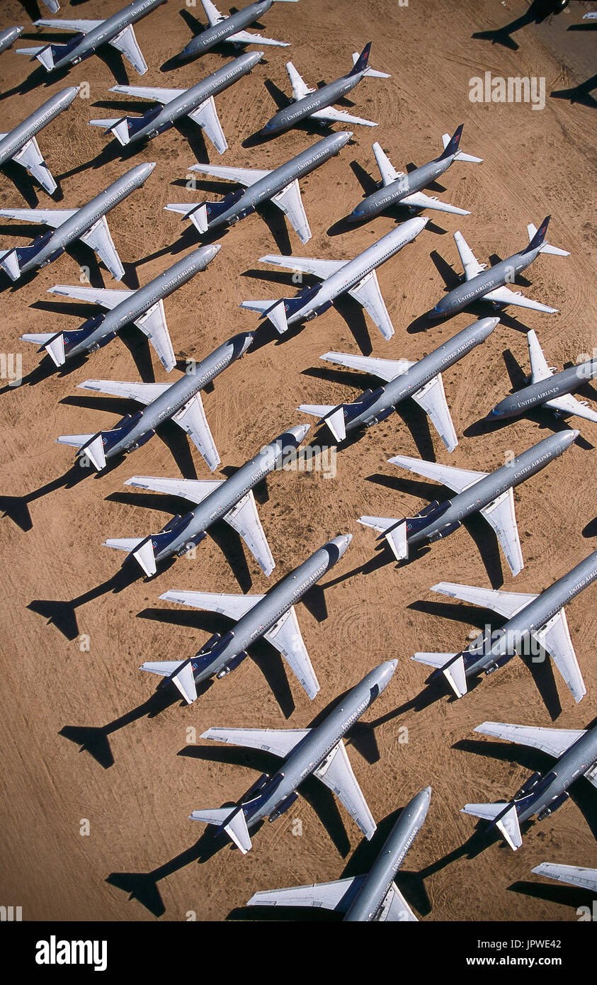 desert-storage, aerial-view of Boeing 727s and 737s parked due to the economic recession after the September 11, 2001 terrorist attacks Stock Photo