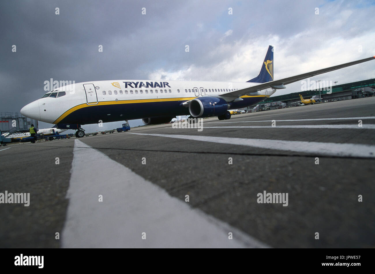 Ryanair Boeing 737800 parked at gate with apron markings Stock Photo