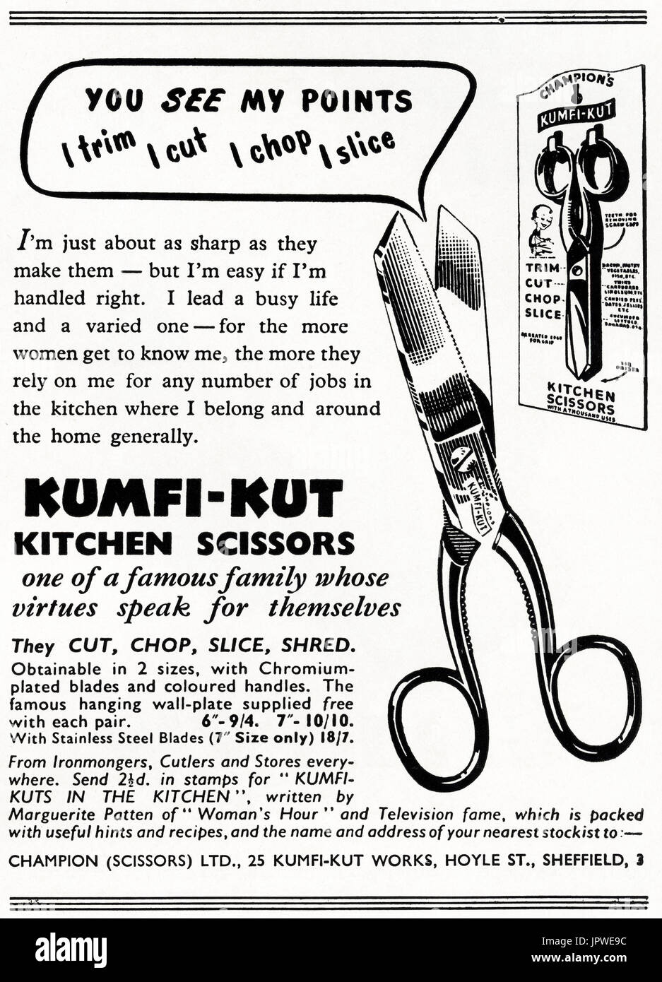 1950s old vintage original advert advertising Kumfi-Kut kitchen scissors for food preparation of Sheffield England UK in magazine circa 1950 Stock Photo