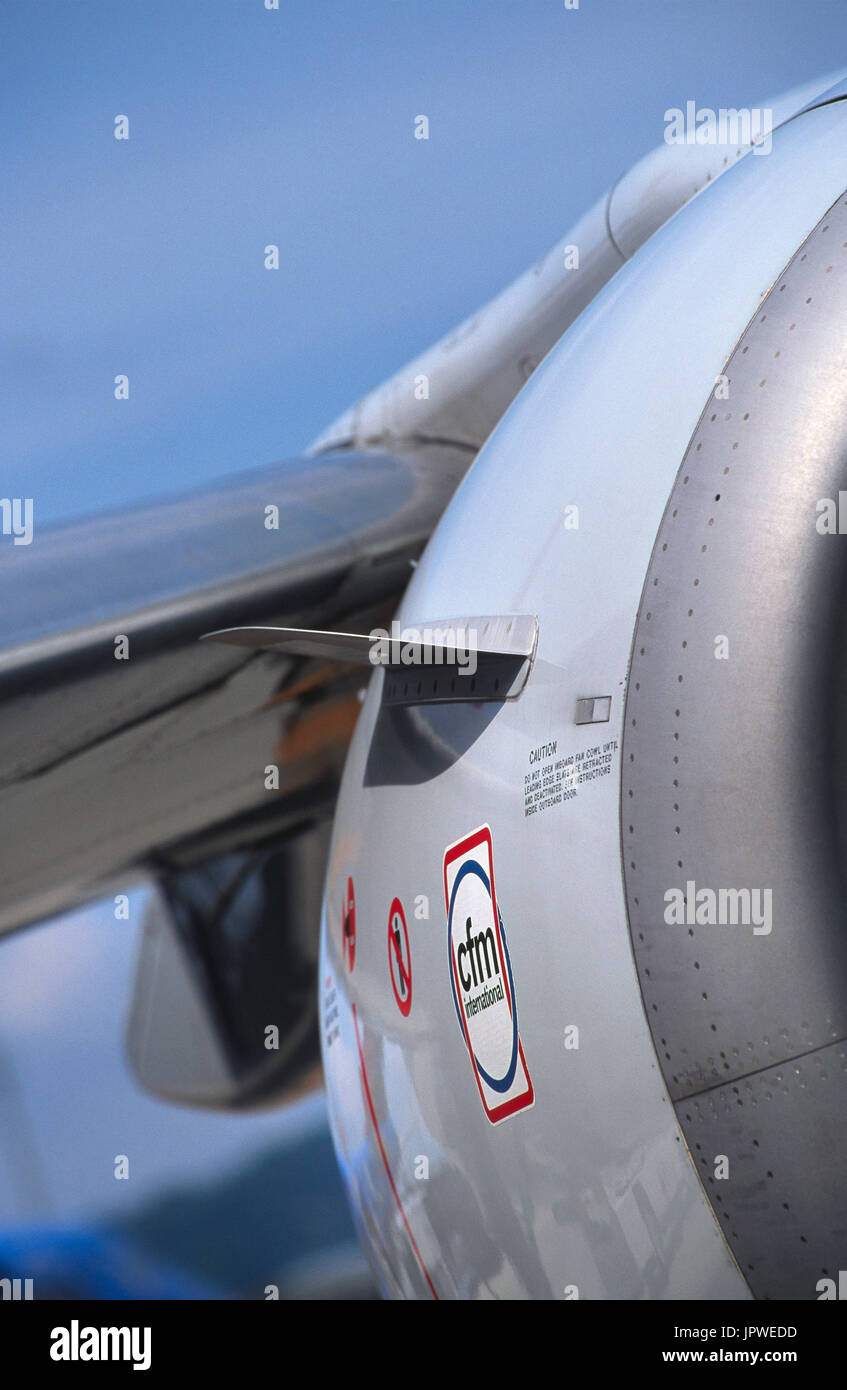 CFM-56-3 engine-cowling with logo on a JAL Express Boeing 737-400 Stock Photo