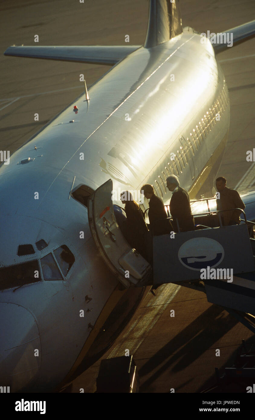 passengers boarding by airstairs on a Ryanair Boeing 737-200 Stock Photo