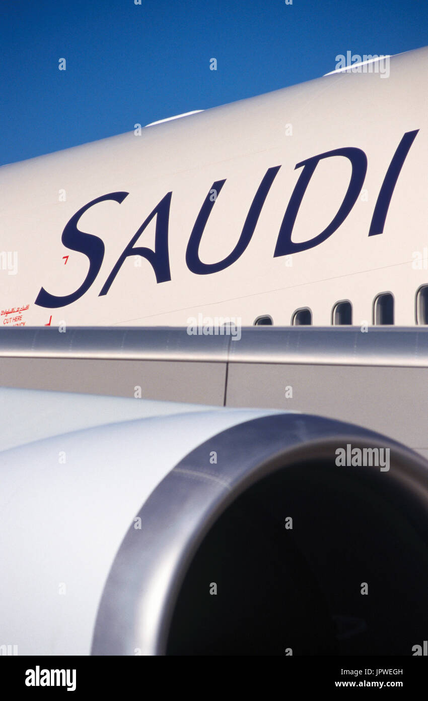 Rolls-Royce RB211-524D4 engine intake and fuselage of a Saudi Arabian Airlines Boeing 747-400 Stock Photo