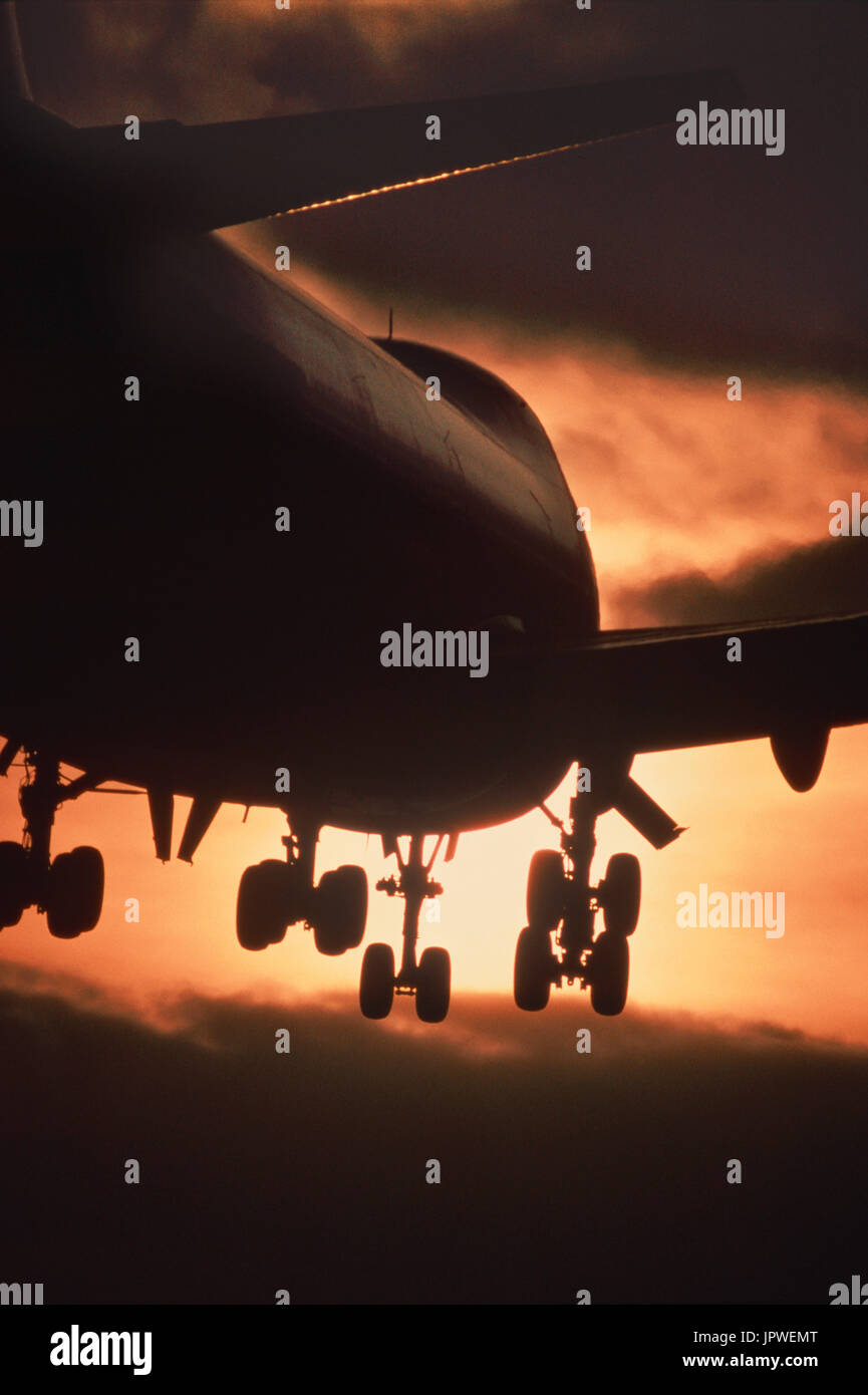 Boeing 747 on final-approach landing at dusk with undercarriage down ...