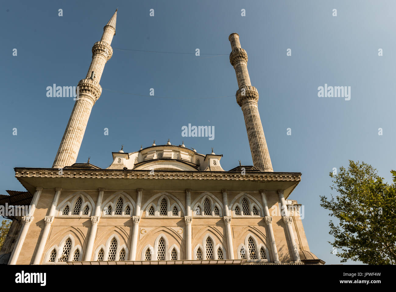 View of Haydarpasa Cami (Haydarpasha mosque).Its minaret collapsed after the hurricane on 27th July 2017 disaster in Istanbul,Turkey. Stock Photo