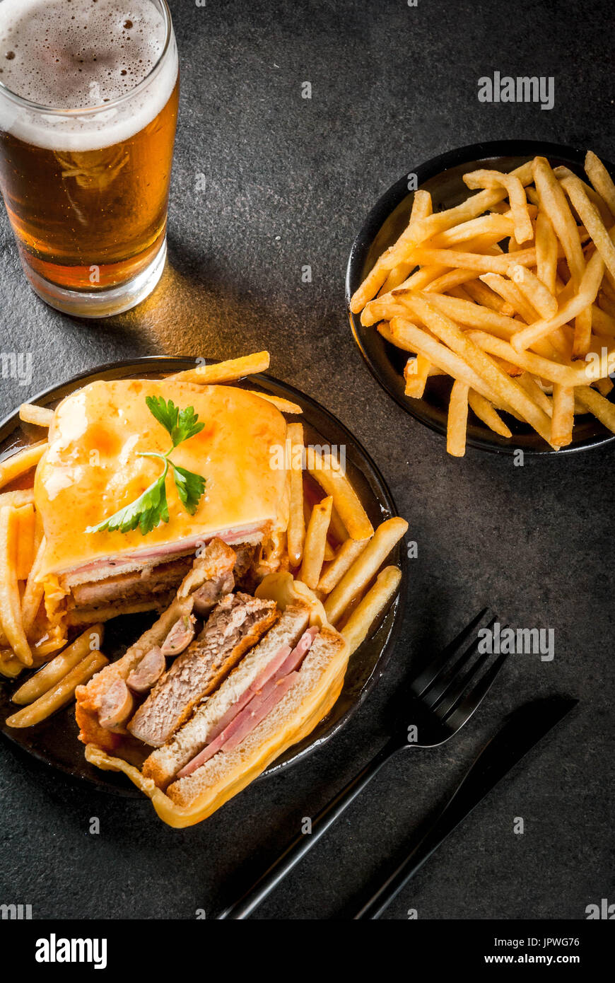 Traditional Portuguese snack food. Francesinha sandwich of bread