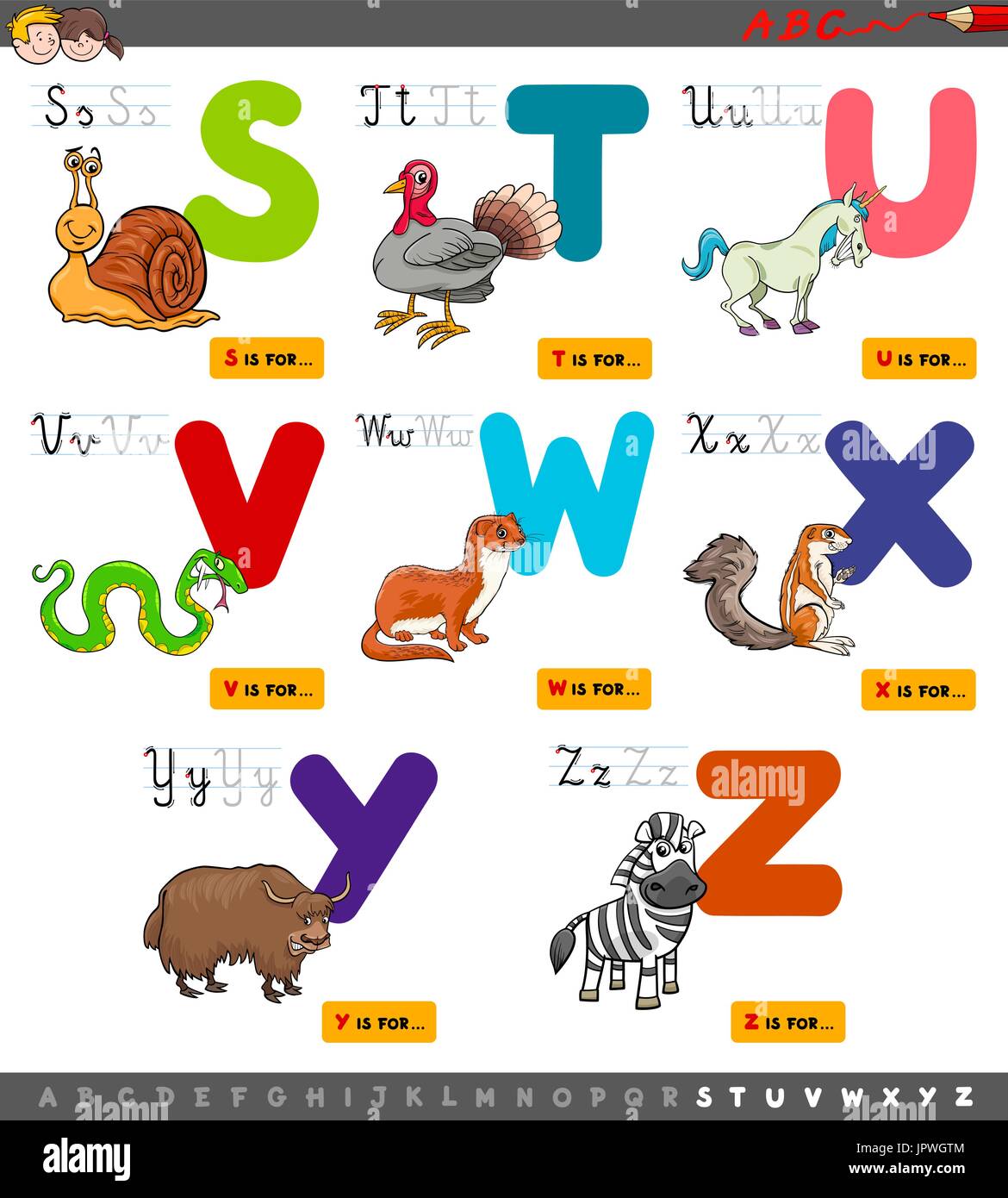 Cartoon Illustration of Capital Letters Alphabet Set with Animal Characters for Reading and Writing Education for Children from S to Z Stock Vector