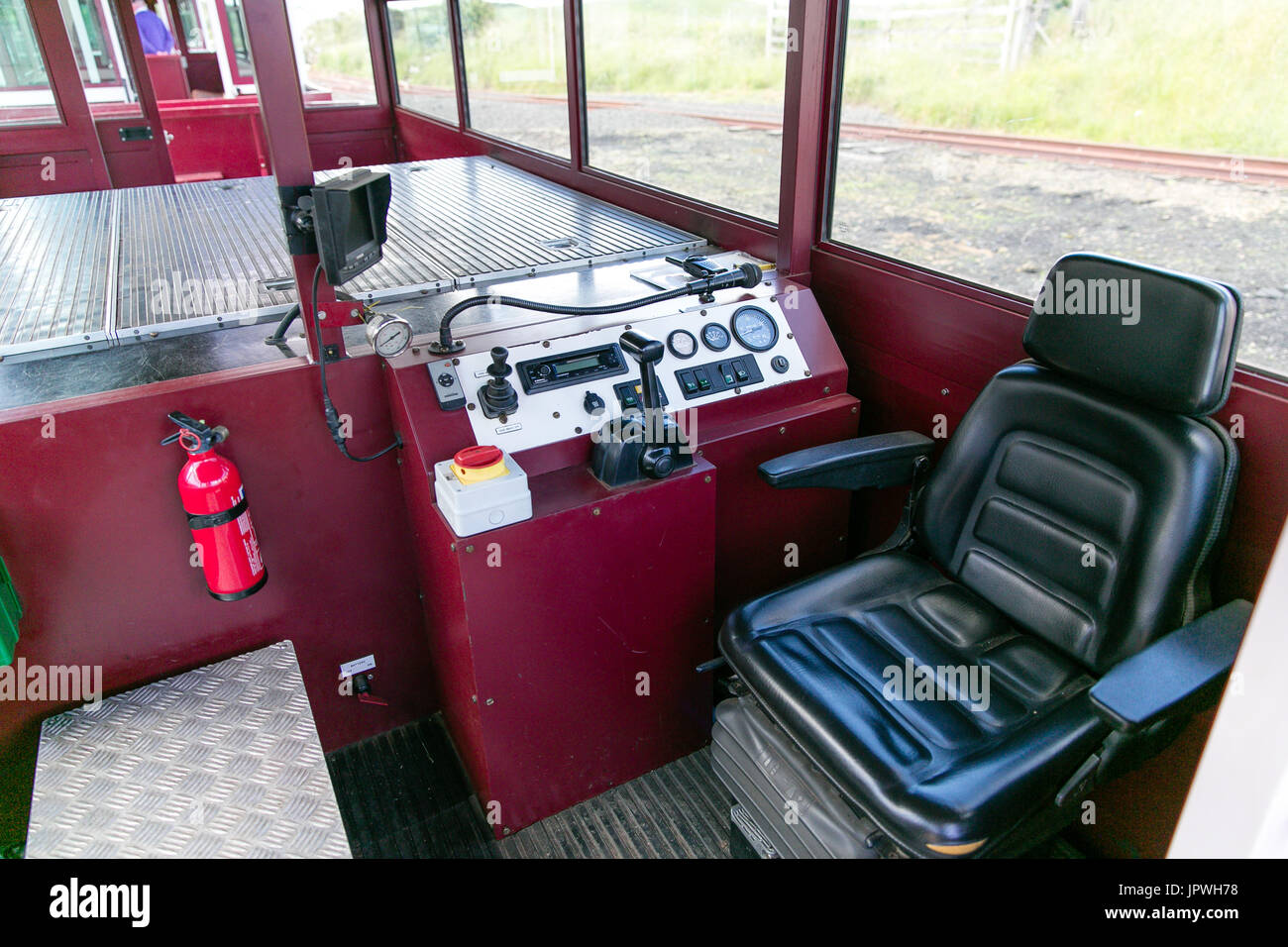 Driver's compartment with control console in one of the coaches at Giant's Causeway & Bushmills Railway Station Northern Ireland, UK Stock Photo