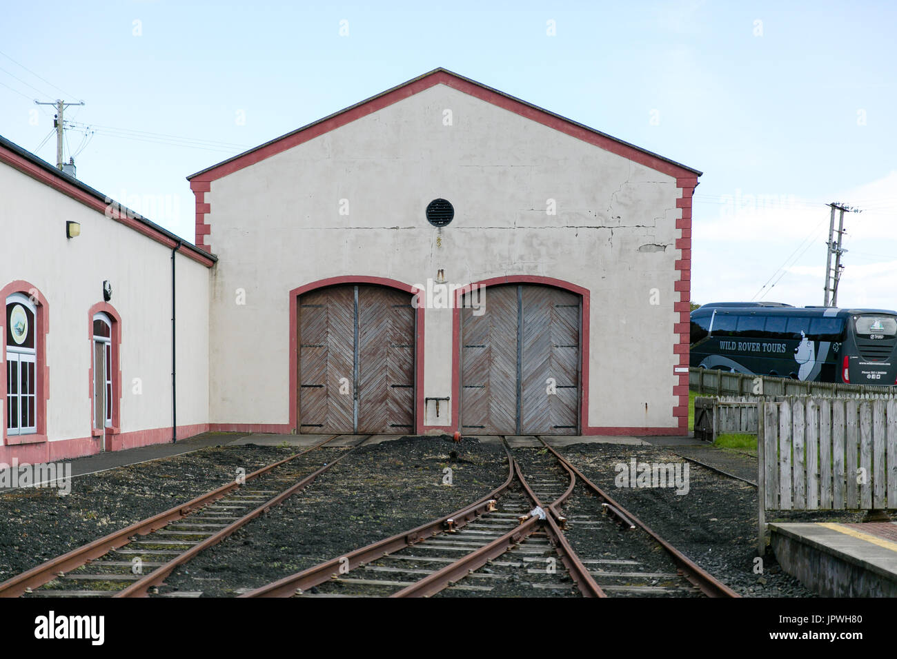 Train garage hangar at the Giant's Causeway & Bushmills Railway Station Antrim Discover Northern Ireland Stock Photo