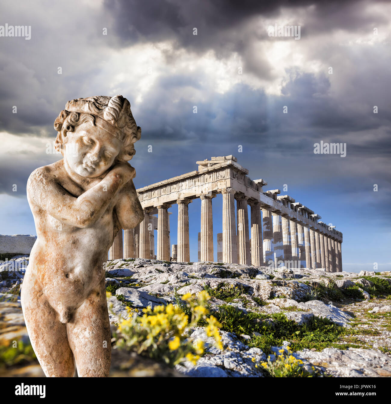 Acropolis with sculpture and famous Parthenon temple in Athens, Greece