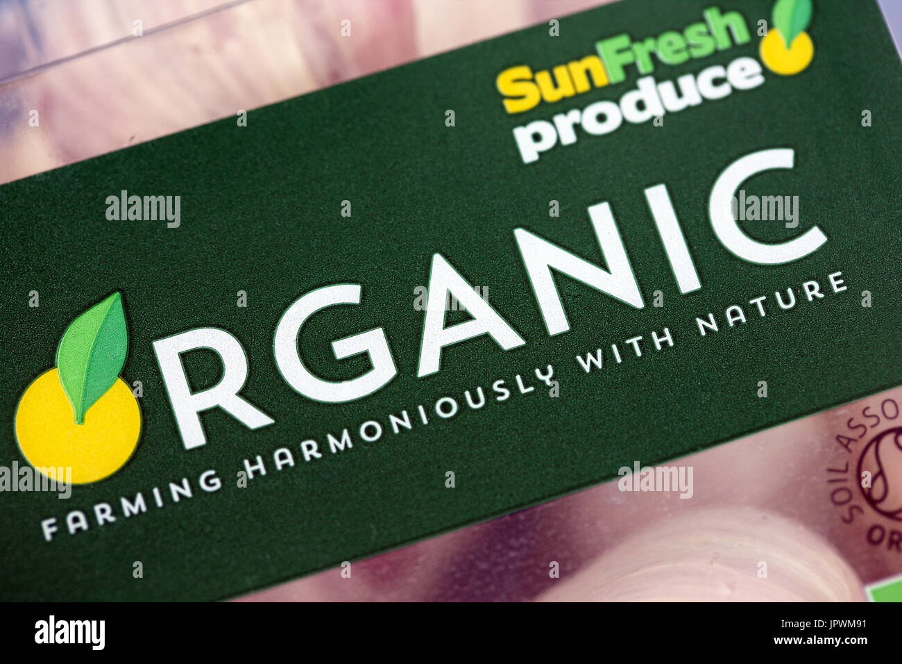 Organic, close up of the word on organic produce packaging Stock Photo