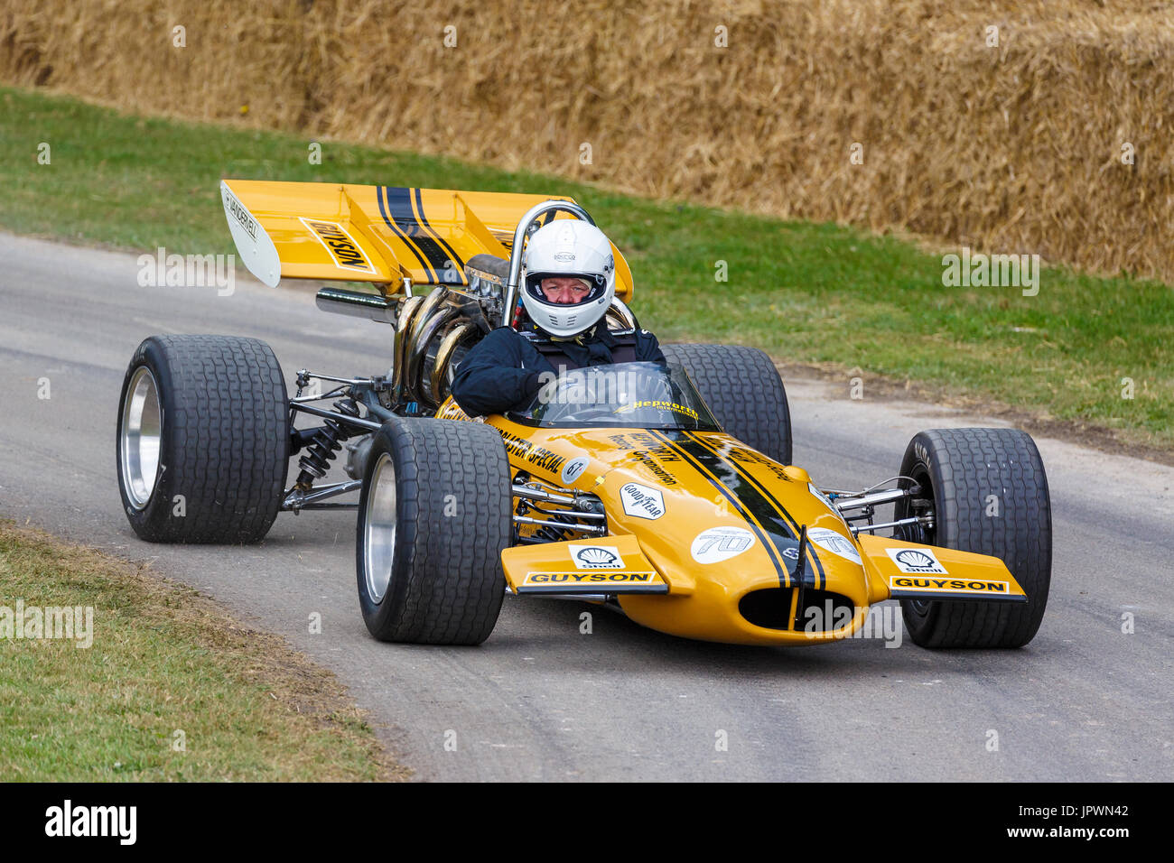 1969 Hepworth-Ferguson British Hillclimb Championship racer with driver Andrew Hepworth at the 2017 Goodwood Festival of Speed, Sussex, UK. Stock Photo