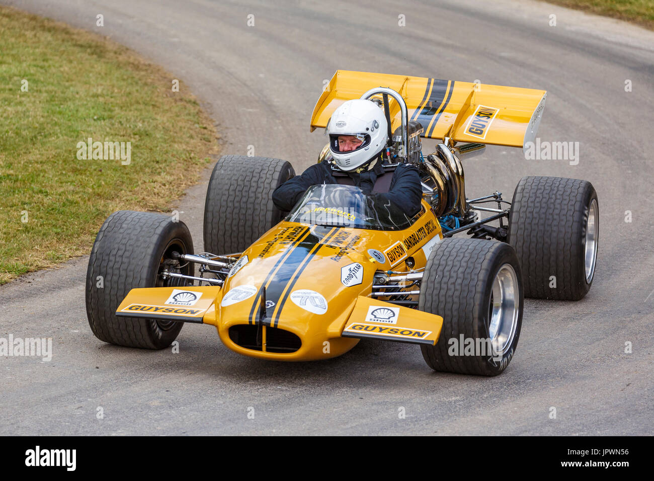 1969 Hepworth-Ferguson British Hillclimb Championship racer with driver Andrew Hepworth at the 2017 Goodwood Festival of Speed, Sussex, UK. Stock Photo