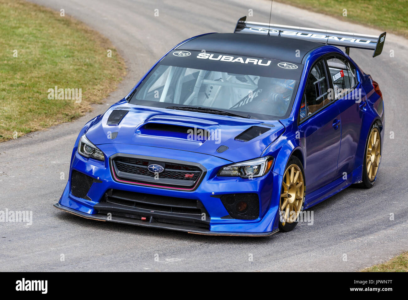 2016  Subaru WRX STi Isle Of Man lap record racer with driver Mark Higgins at the 2017 Goodwood Festival of Speed, Sussex, UK. Stock Photo