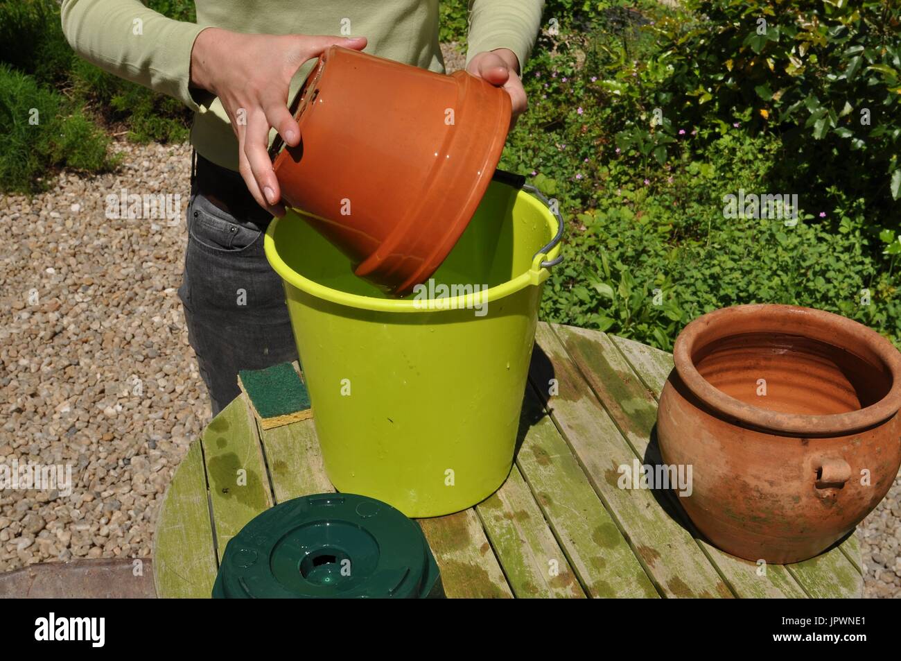 Cleaning of pots in a garden Stock Photo Alamy