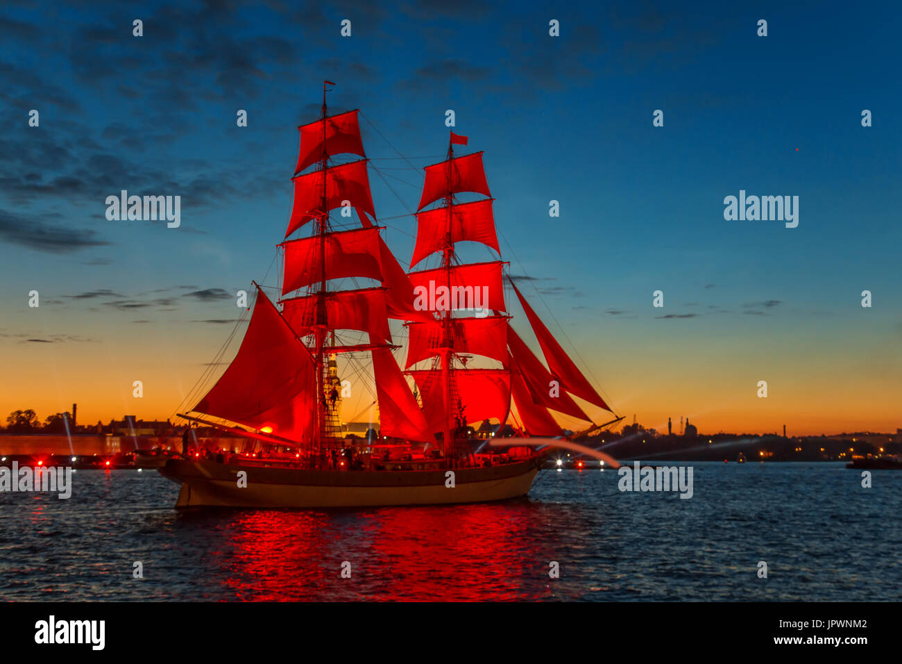 Ship with scarlet sails in the river Neva. Wonderful sunrise in St ...