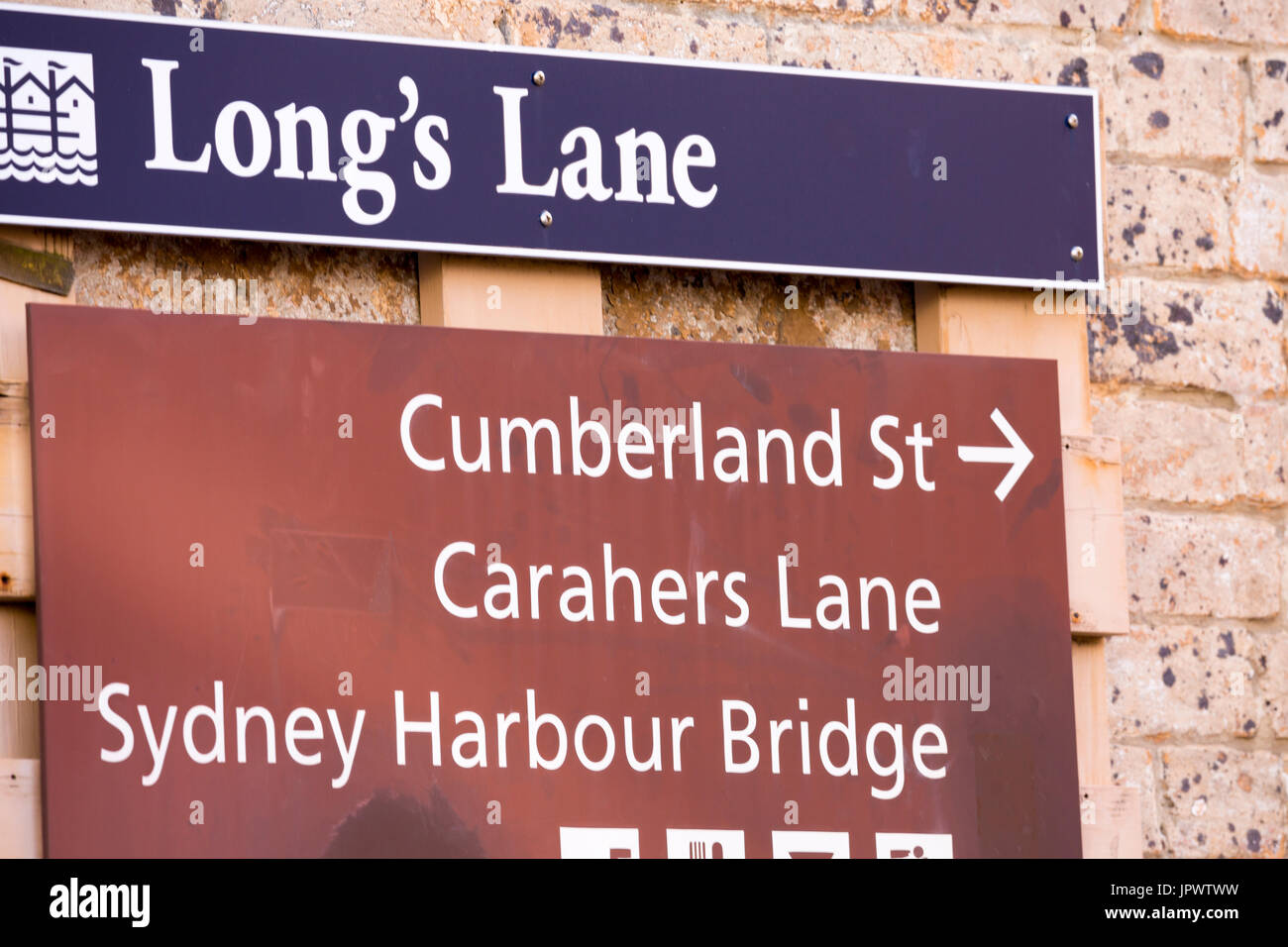 Street sign in Longs lane in the historic settlement The Rocks area of Sydney city centre,Australia Stock Photo