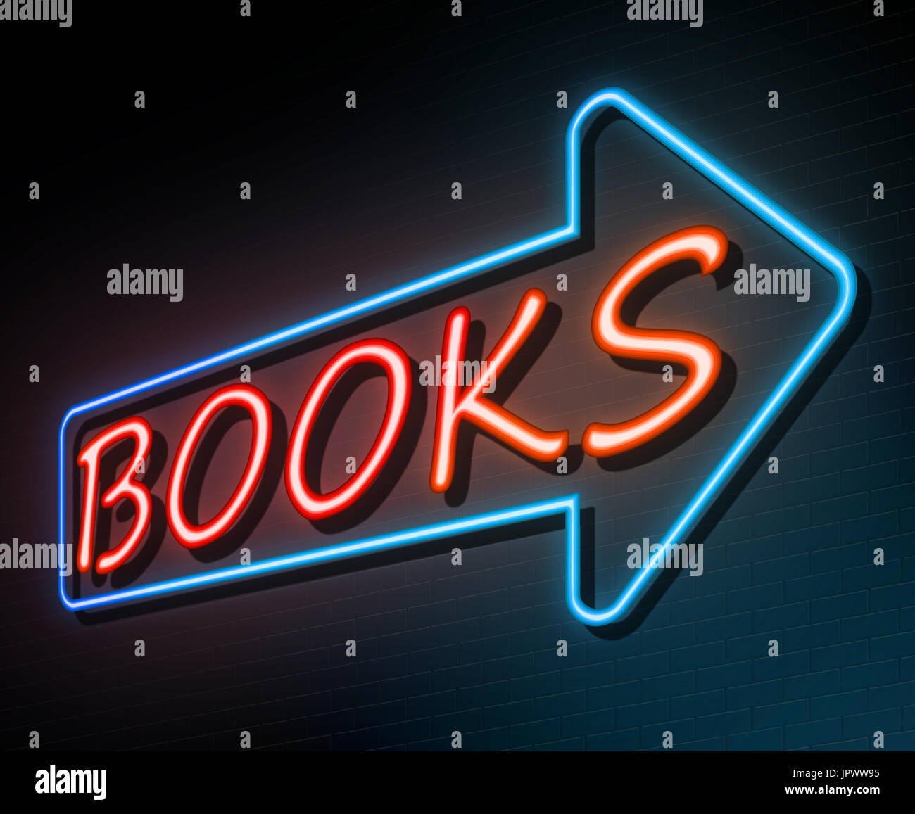 3d Illustration depicting an illuminated neon sign with a books concept