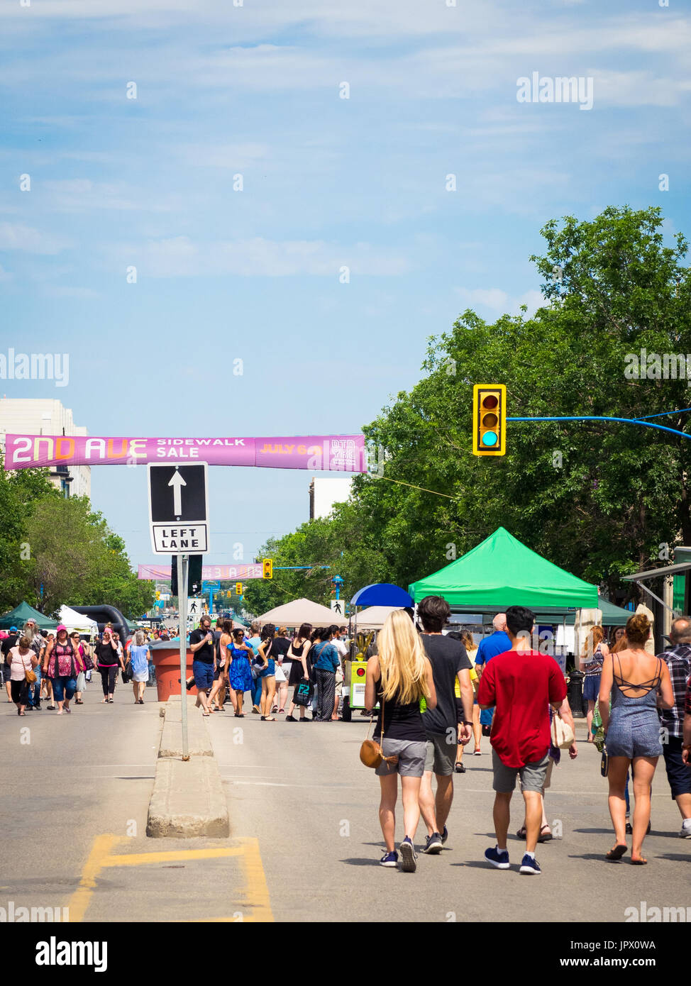 The 2nd Avenue Sidewalk Sale in Saskatoon, Saskatchewan, Canada.  A Saskatoon tradition, the sidewalk sale marked its 41st anniversary in 2017. Stock Photo