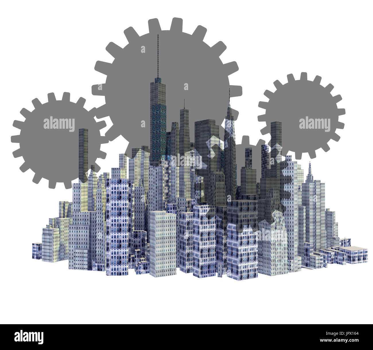 Rendered 3d city skyline with teamwork gears isolated on white background Stock Photo