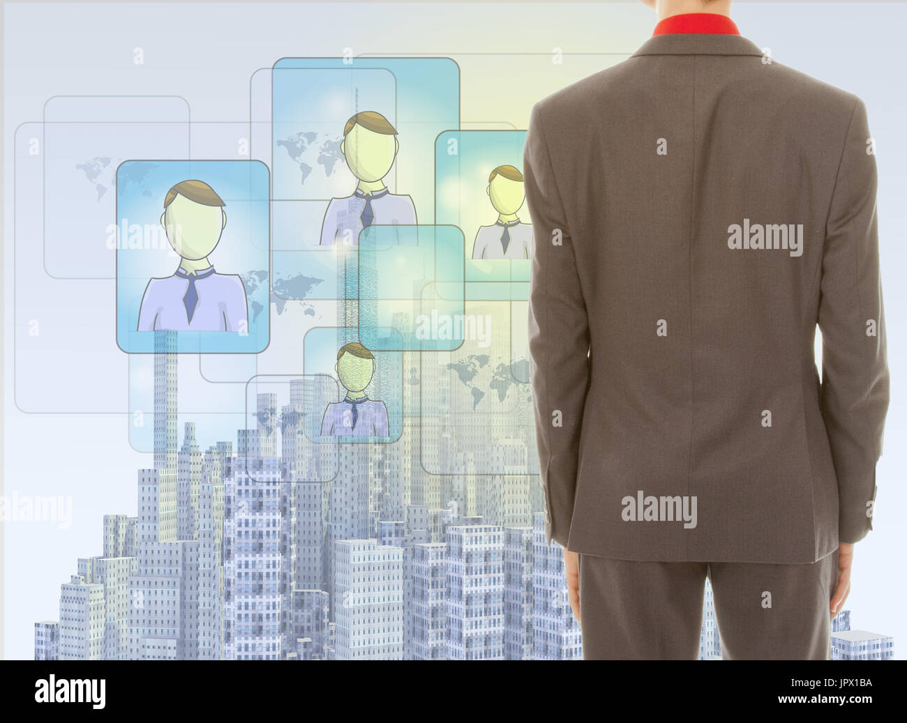 Young businessman with rendered city skyline and people connections Stock Photo