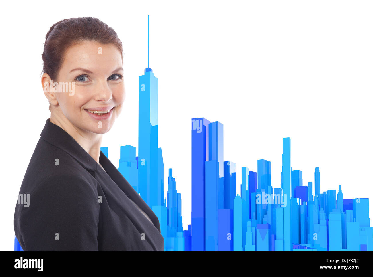 Business woman with 3d rendered blue skyline isolated on white background Stock Photo