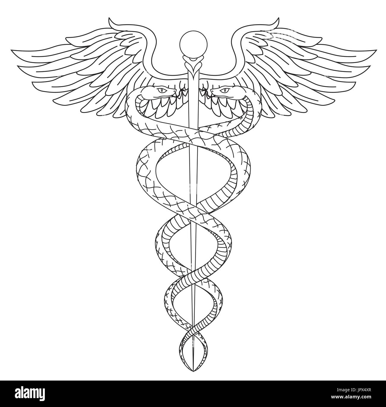 Cadeus Medical medecine pharmacy doctor acient symbol of the science. Vector hand drawn black linear tho snakes with wings sword background. Greek vin Stock Vector