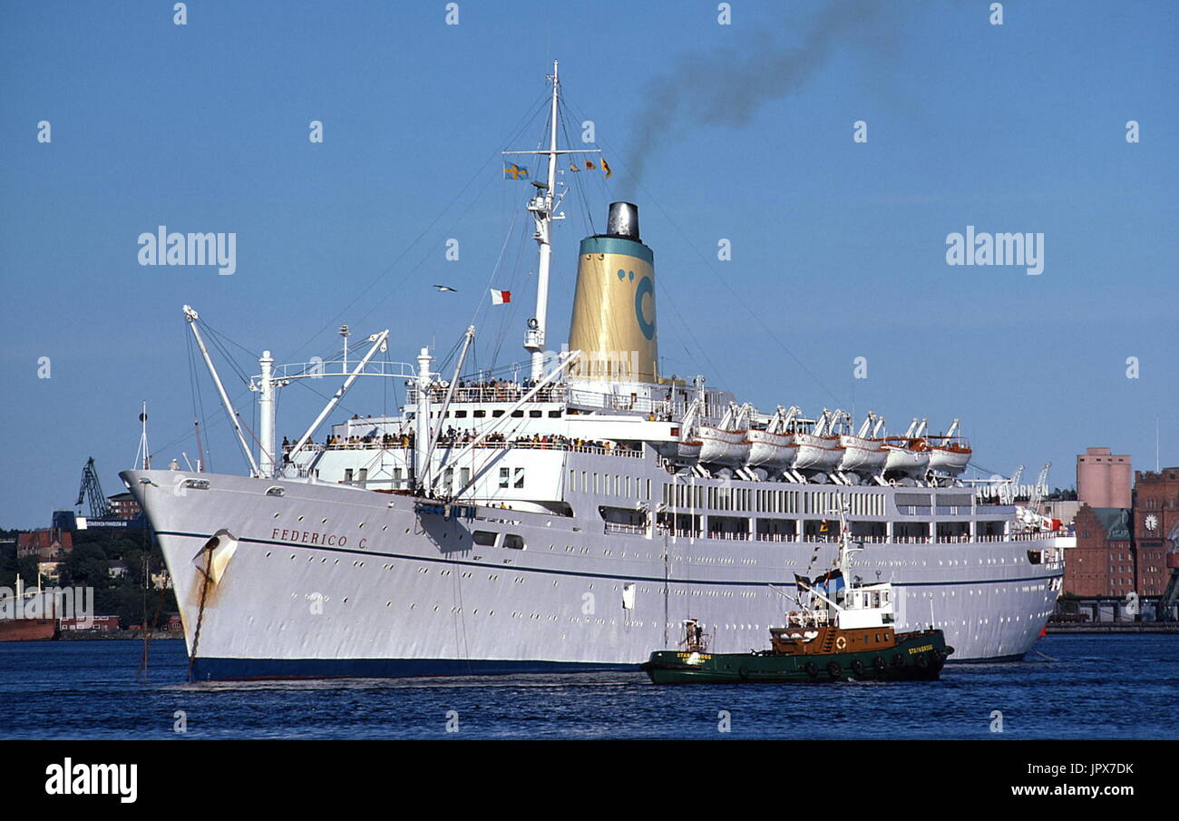 AJAXNETPHOTO. JULY, 1976. STOCKHOLM, SWEDEN. - CRUISE SHIP IN PORT - COSTA LINES FEDERICO C PREPARING TO DEPART THE HARBOUR. SHIP LATER SANK IN DEC 2000 OFF EAST COAST OF THE USA. PHOTO:JONATHAN EASTLAND/AJAX REF:603082 24 Stock Photo