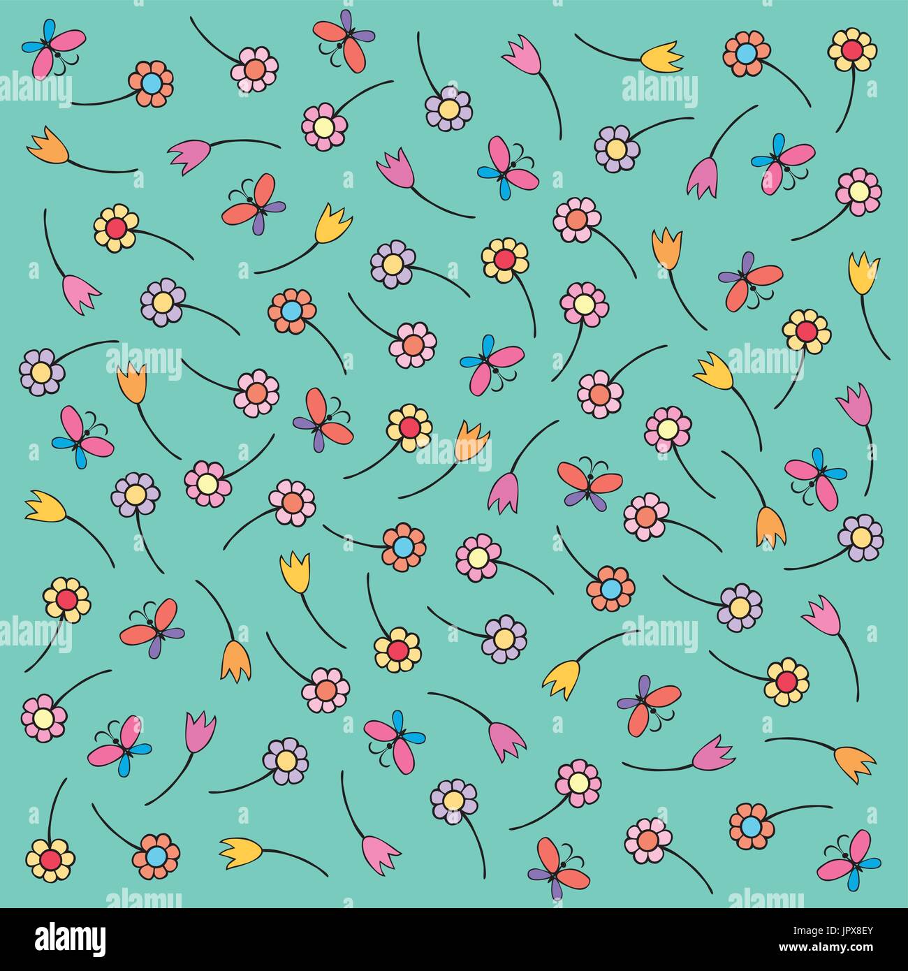 Vector floral pattern in doodle style with flowers and leaves. Gentle ...