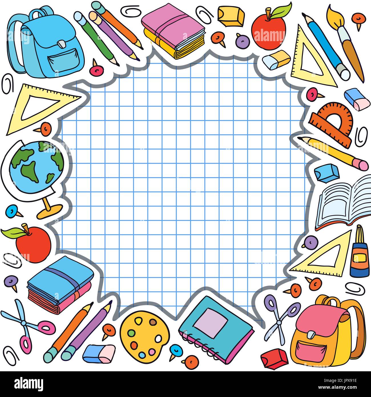 Bunner Cell Sheet In Cage With Set Of Different School Things Bag Stock Vector Image Art Alamy