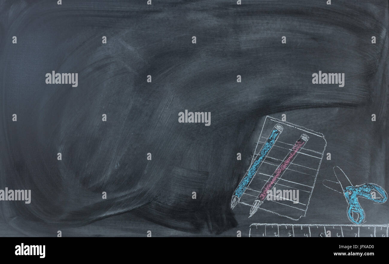 Back to School concept with erased chalk board and hand drawn supplies ...