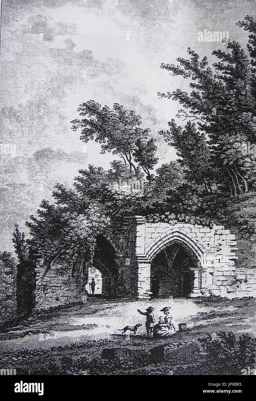 1785 engraving of part of Roche Abbey near Rotherham, South Yorkshire, England Stock Photo