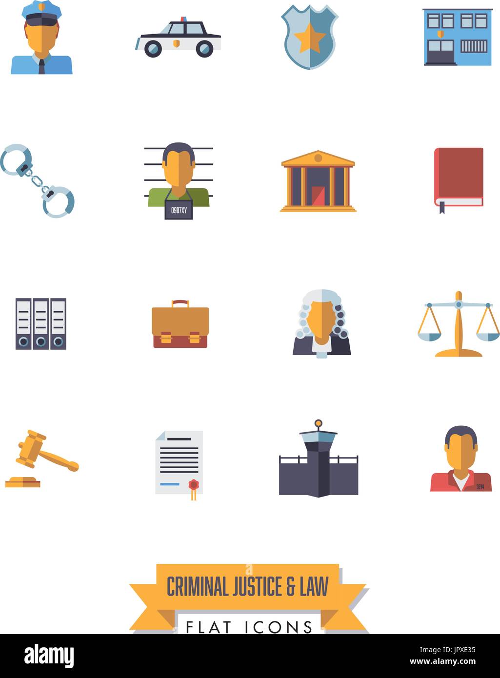 Collection of isolated law and criminal justice icons. Flat design symbols set. Stock Vector