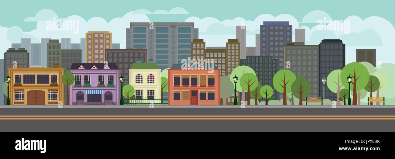 Vector illustration of cityscape with park. Flat design houses and trees at main street. Stock Vector