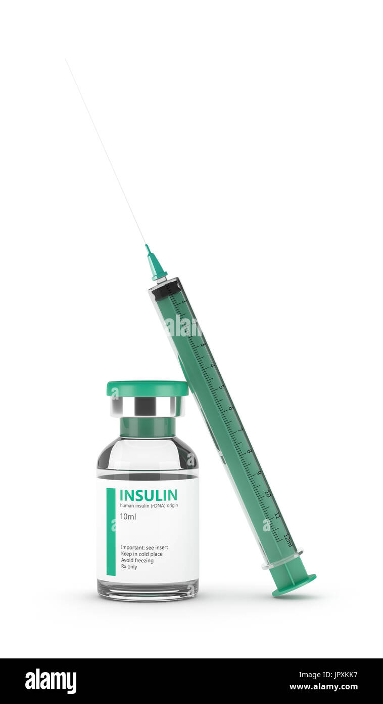3d rendering of insulin vial and syringe isolated over white background