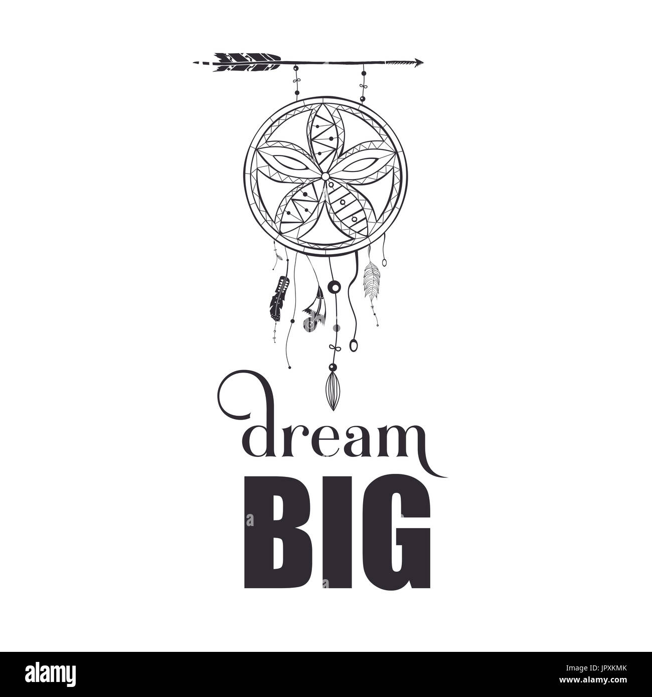 Black and white artwork with dream big inspirational quote and creative dream catcher visual Stock Photo