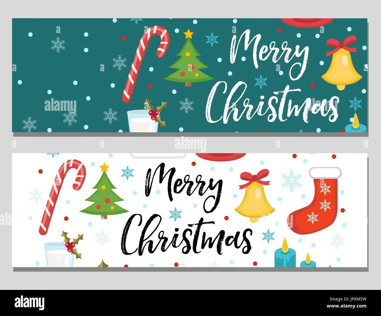 Merry Christmas set of banners, template with space for text for your design. Winter holiday collection long board, poster, flyer. Flat style. Vector  Stock Vector