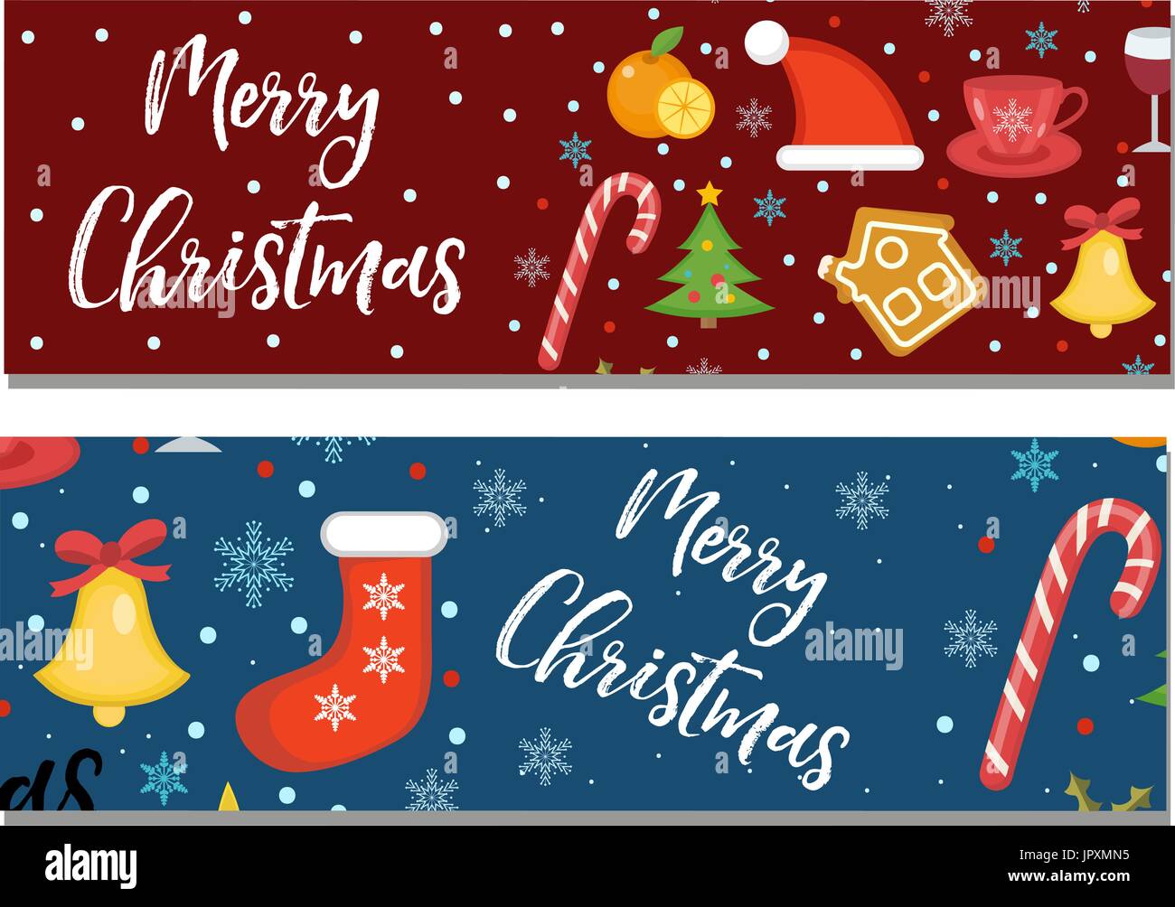 Merry Christmas set of banners, template with space for text for your design. Winter holiday collection long board, poster, flyer. Flat style. Vector  Stock Vector