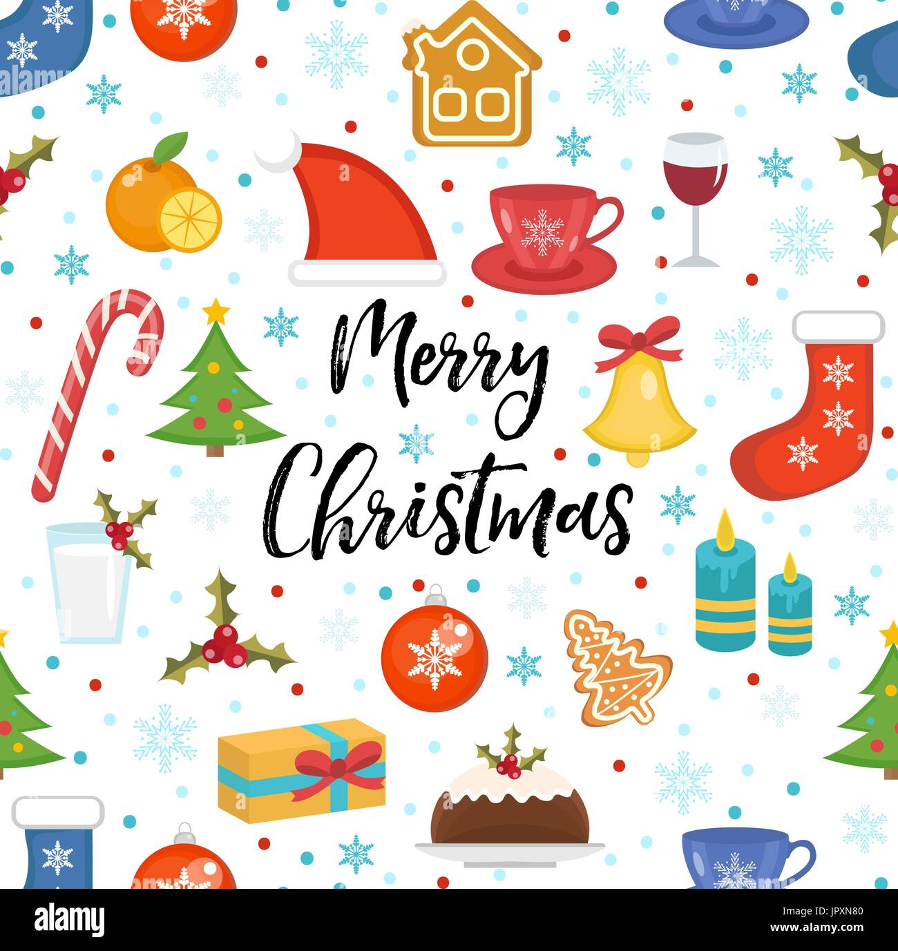 Merry Christmas seamless pattern, flat style. Holiday infinite background. New Year repeating texture. Vector illustration Stock Vector
