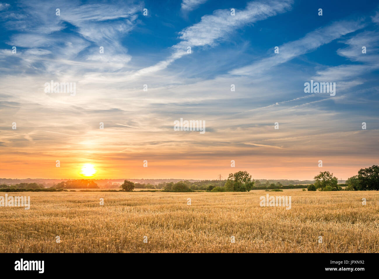 Early evening and the sun begins to set over farmed agricultural land in the Lincolnshire Fens Stock Photo