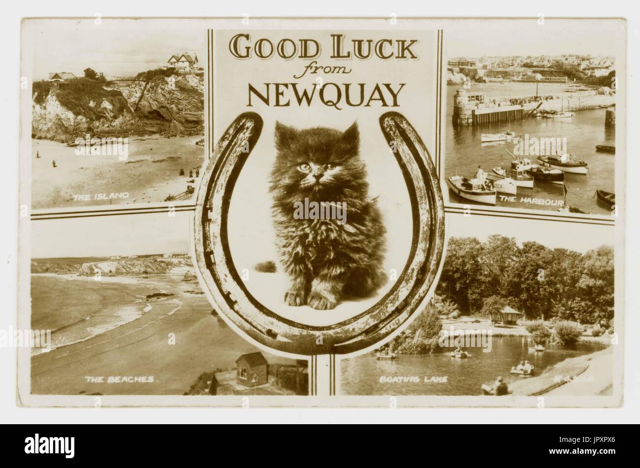 Original mid century retro Good luck multi-view souvenir Cornish postcard of Newquay, Cornwall,  SW England, U.K. posted 1955 Stock Photo