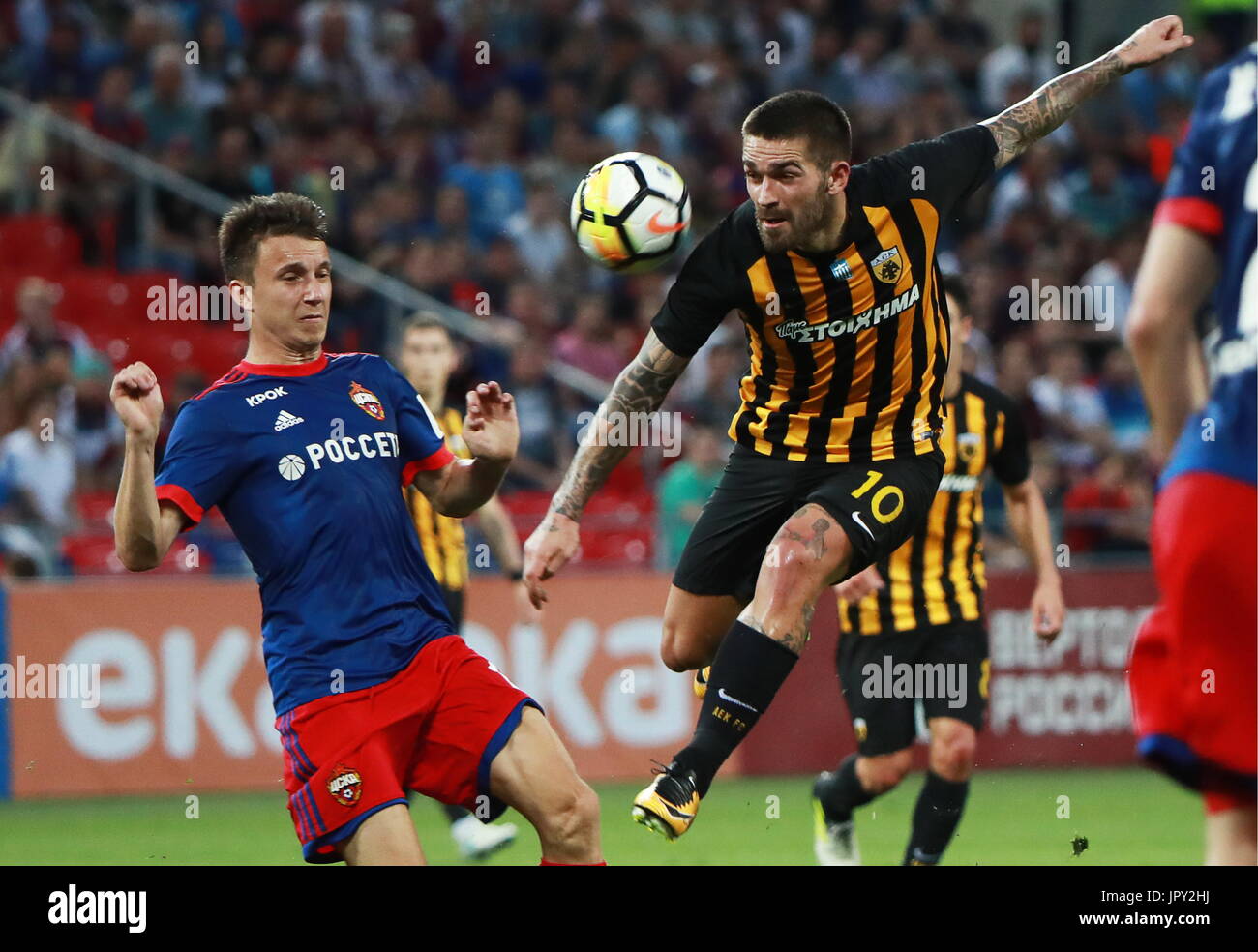 Moscow, Russia. 2nd Aug, 2017. CSKA Moscow's Alexander Golovin (L) and AEK  Athens' Marko Livaja fight for the ball in the second leg of their 2017/18  UEFA Champions League third qualifying round