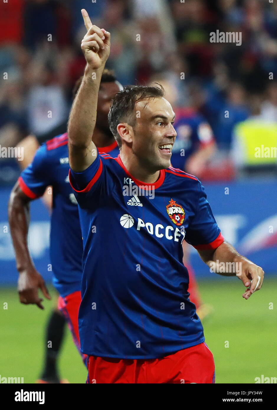 Moscow, Russia. 2nd Aug, 2017. FC CSKA Moscow's Bibras Natkho reacts after  scoring during the second leg of their 2017/18 UEFA Champions League third  qualifying round tie against AEK Athens at VEB